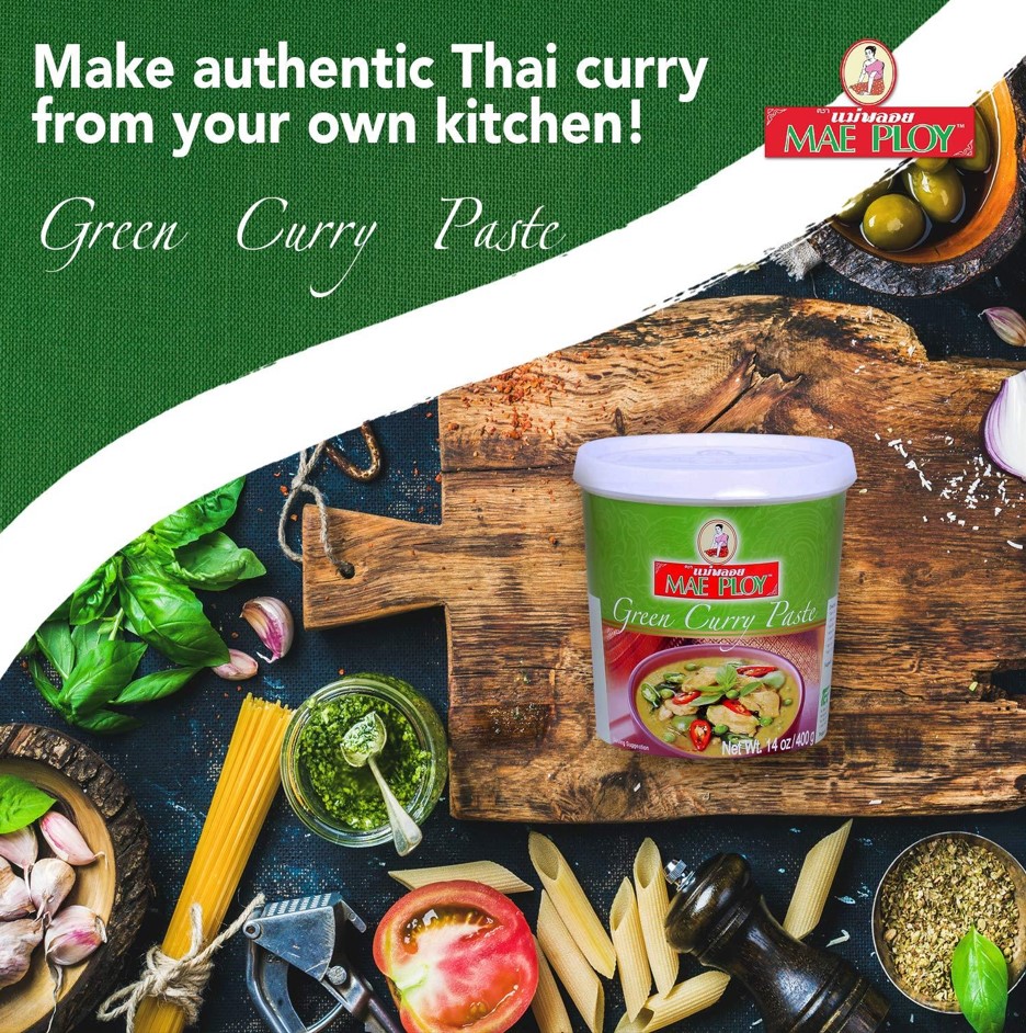 Mae Ploy green curry paste with fresh green chilies, Thai basil and kaffir lime leaves